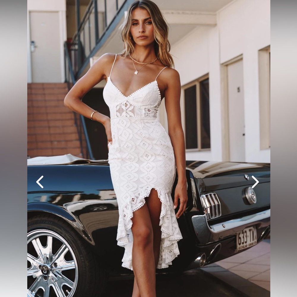 HIGH LOW HEM CIRCLE TRIM MIDI DRESS WHITE